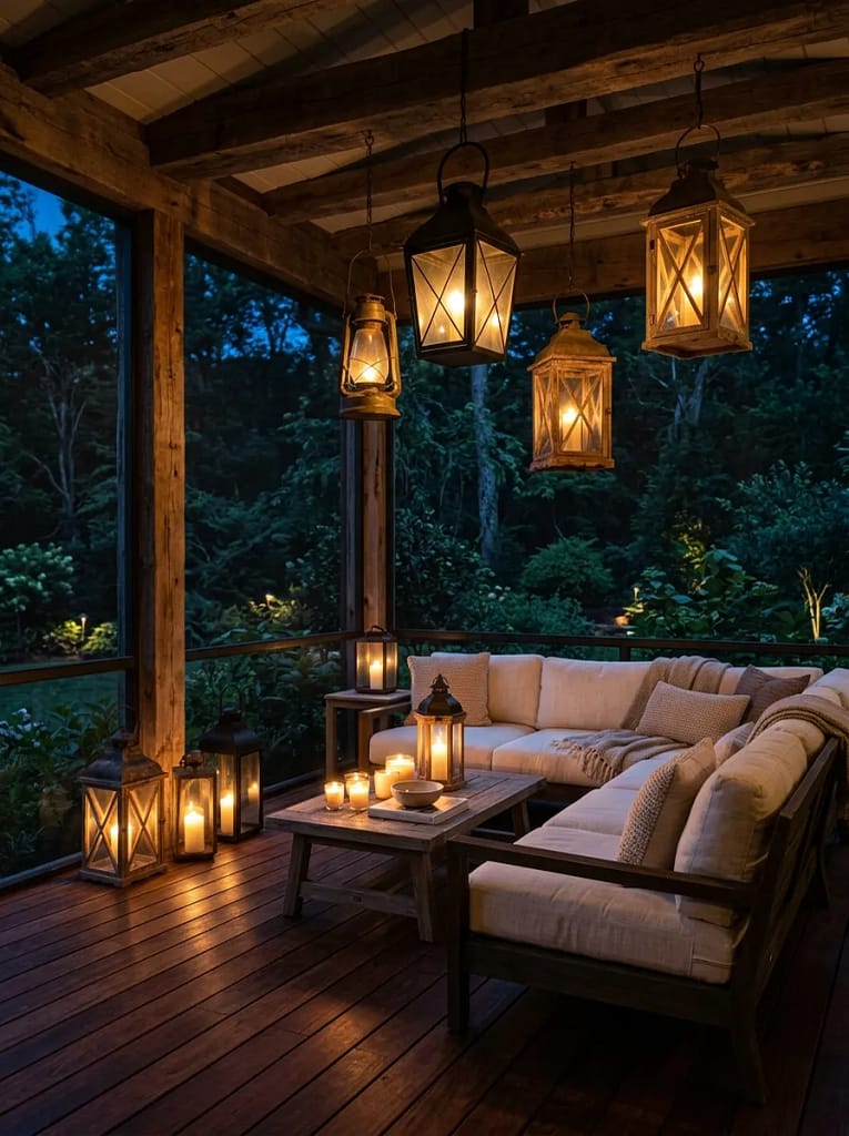 24 Screen Porch Ideas for Stylish Outdoor Living 16 Lantern Lighting Display