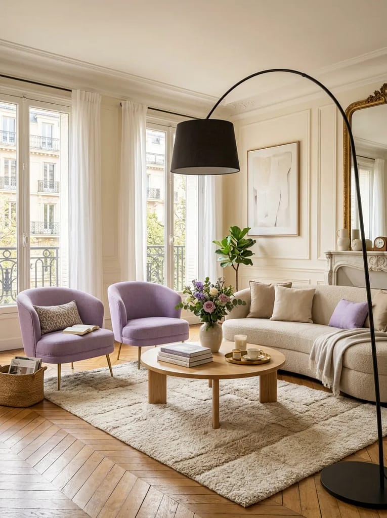23 Moody Purple Living Room Ideas That Feel Luxe 4 Lavender Linen Accent Chairs