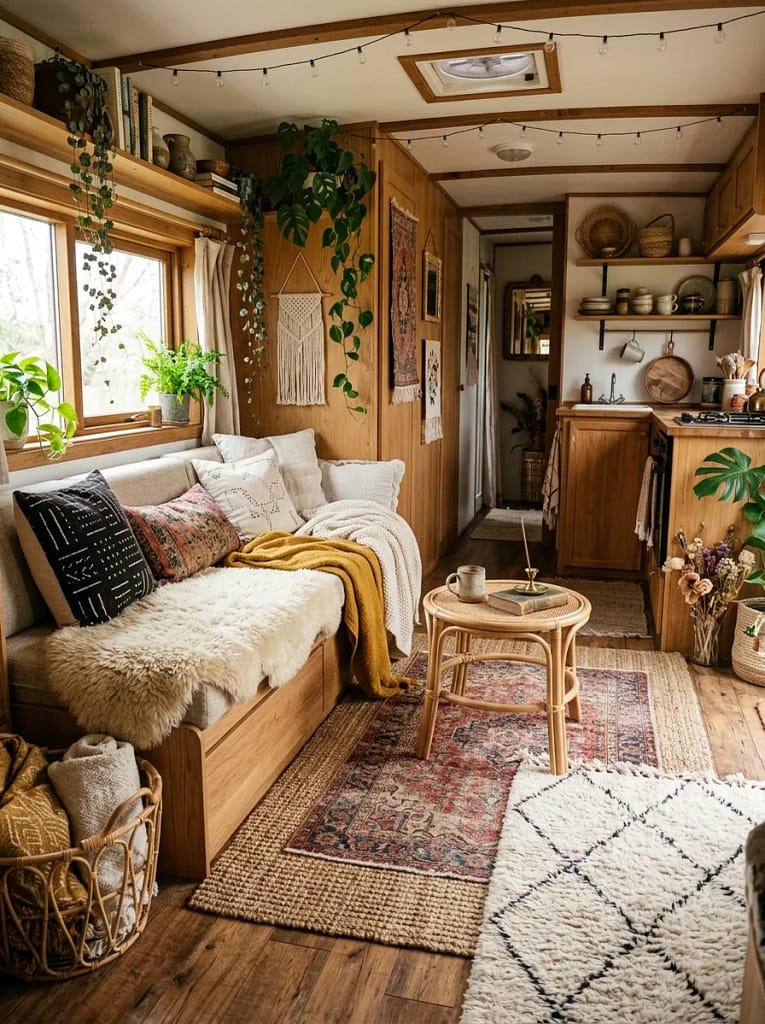21 Boho Camper Interior Ideas for Cozy Tiny Living 11 Layered Area Rugs
