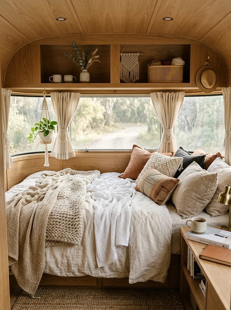 21 Boho Camper Interior Ideas for Cozy Tiny Living 9 Layered Boho Bedding