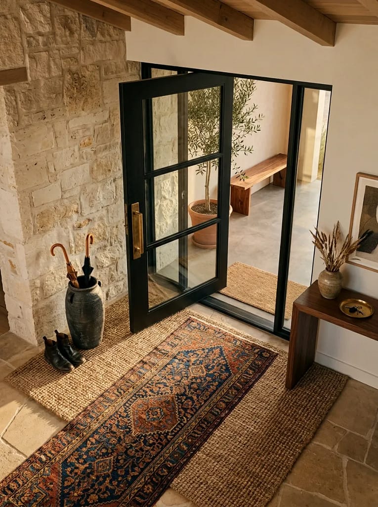 24 Entryway Refresh Ideas for Stylish First Impressions 6 Layered Entry Rug