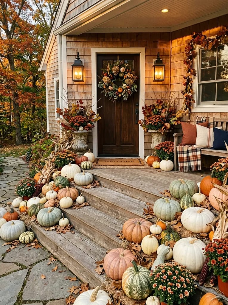 20 Maximalist Fall Porch Decor Ideas for Every Home 2 Layered Pumpkin Display