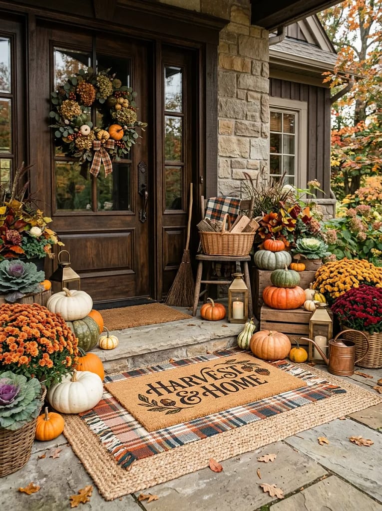 20 Maximalist Fall Porch Decor Ideas for Every Home 17 Layered Seasonal Doormats