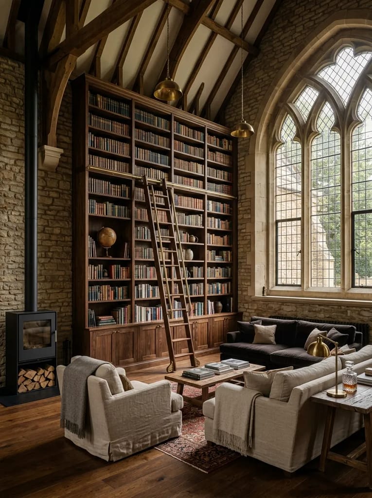 24 Dark Academia Living Room Ideas Full of Charm 13 Library Ladder Bookshelf