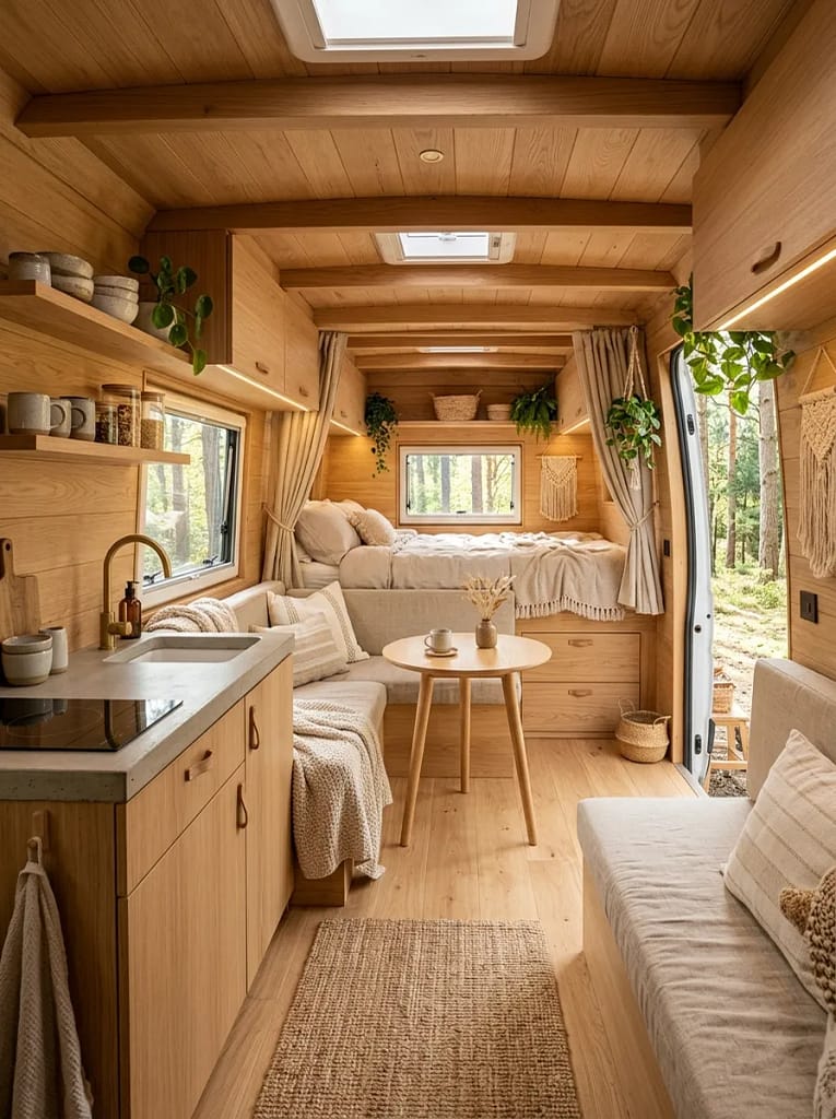 21 Boho Camper Interior Ideas for Cozy Tiny Living 22 Light Oak Interior