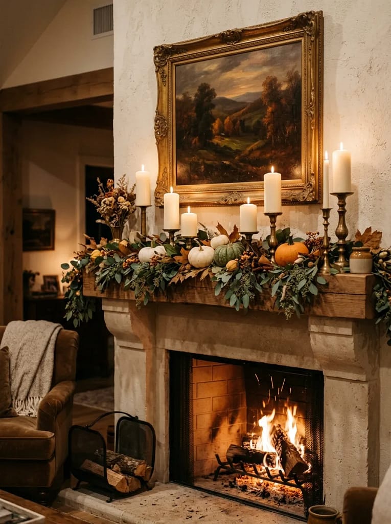 24 Autumn Lighting Ideas for Warm Cozy Evenings 9 Mantel Candle Display