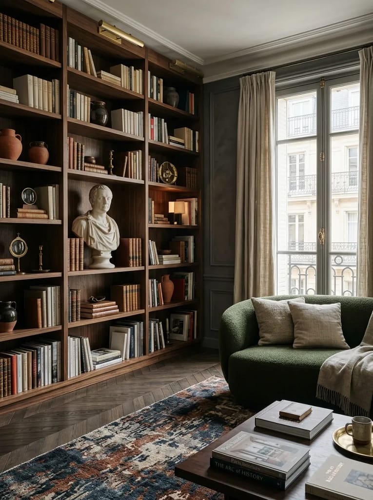 24 Dark Academia Living Room Ideas Full of Charm 19 Marble Bust Shelf Styling
