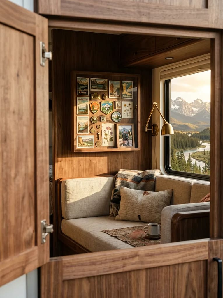 21 Camper Living Room Ideas for Cozy Tiny Interiors 12 Memento Shadow Box Shelf
