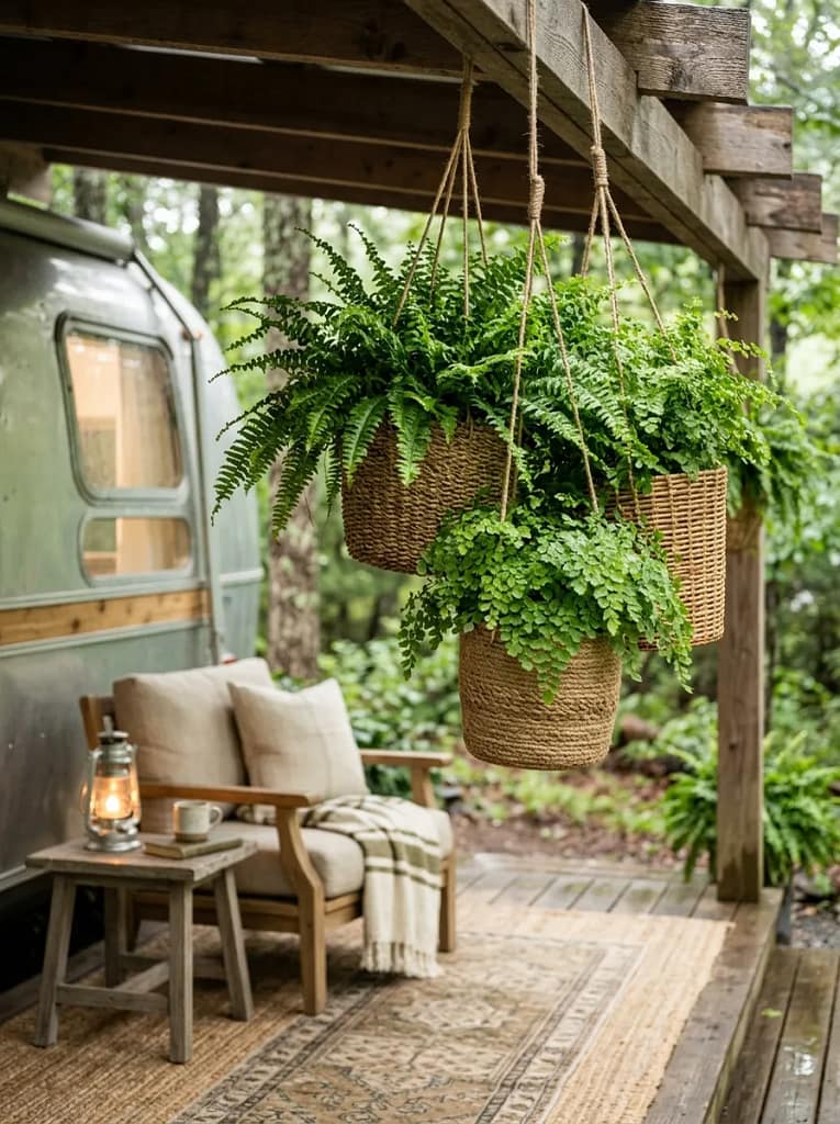 20 Camper Porch Decor Ideas for Cozy Outdoor Living 20 Mini Fern Baskets