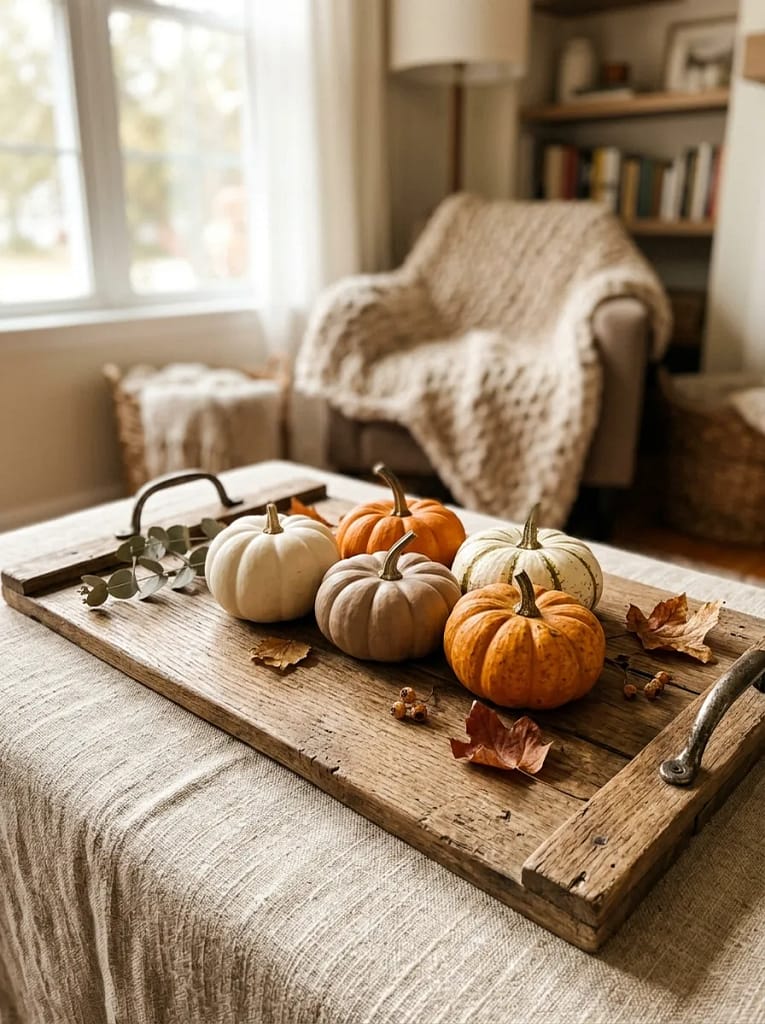 24 Fall Coffee Table Decor Ideas for Cozy Autumn Style 4 Mini Pumpkin Display