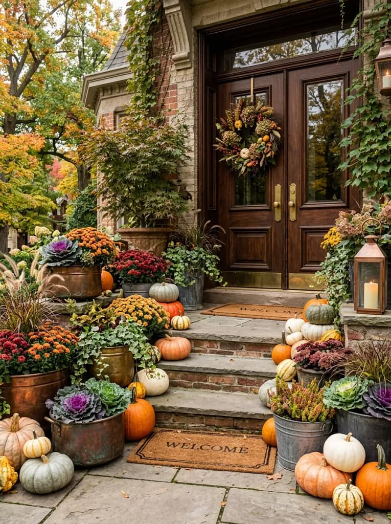 20 Maximalist Fall Porch Decor Ideas for Every Home 12 Mixed Metal Planters