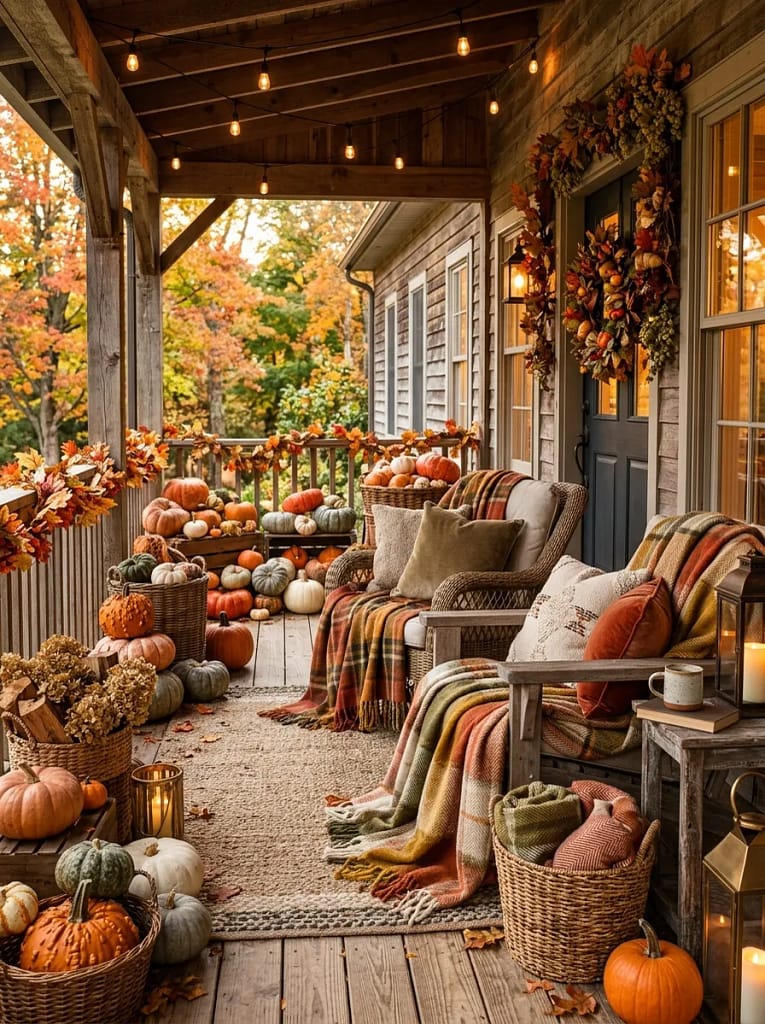 20 Maximalist Fall Porch Decor Ideas for Every Home 4 Mixed Plaid Throw Blankets