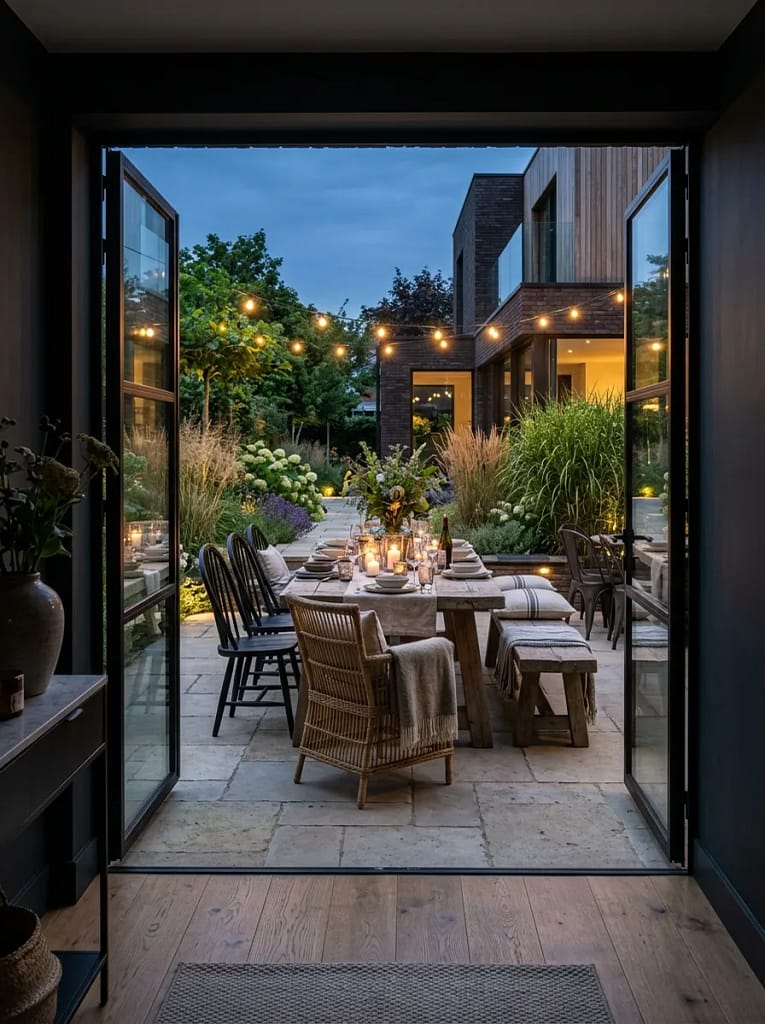 22 Backyard Potluck Table Ideas for Easy Entertaining 14 Mixed Seating with Benches and Chairs
