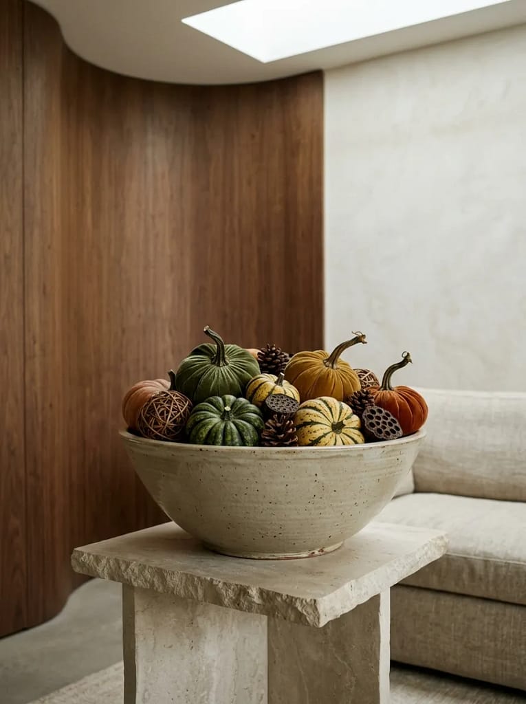 20 Pumpkin Gourd Decor Ideas for Charming Fall Homes 19 Mixed Texture Pumpkin Bowl Display