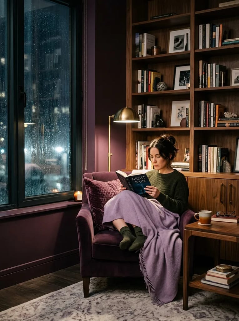 23 Moody Purple Living Room Ideas That Feel Luxe 20 Moody Purple Reading Corner