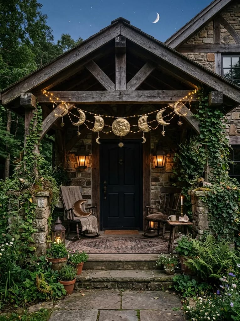 24 Witchcore Porch Ideas for Spooky Cozy Charm 10 Moon Phase Porch Garland