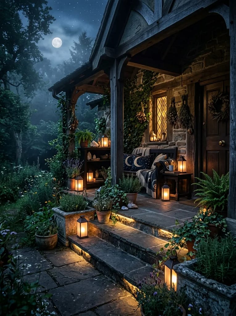 24 Witchcore Porch Ideas for Spooky Cozy Charm 23 Moonlit Porch Lighting