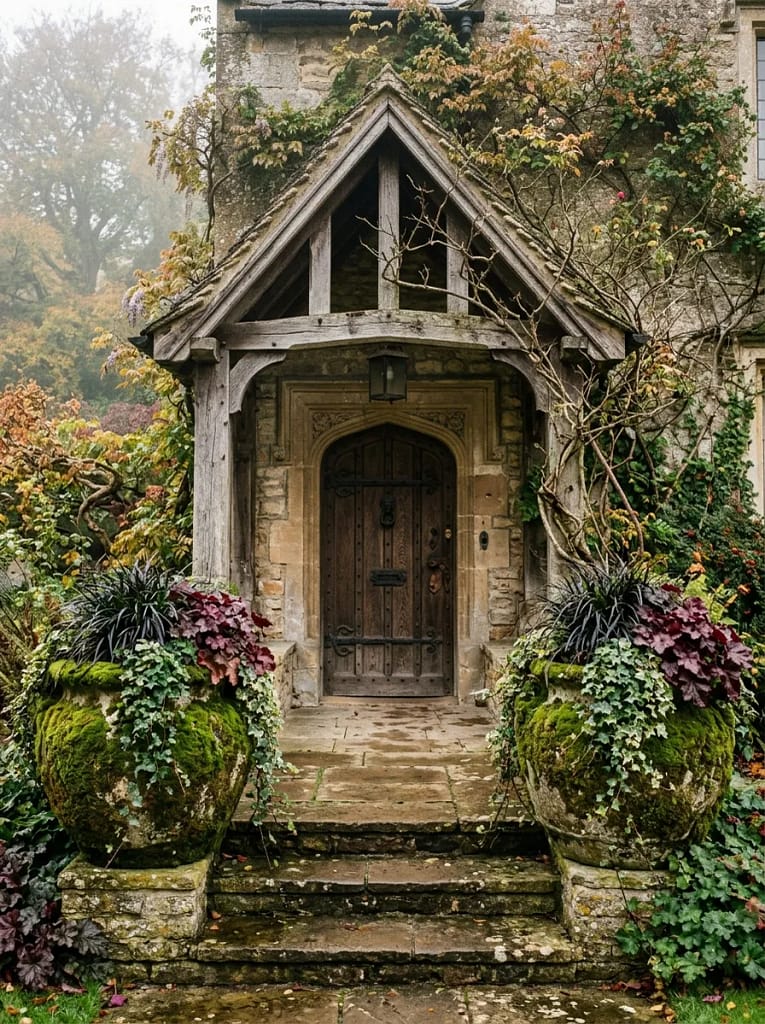 24 Witchcore Porch Ideas for Spooky Cozy Charm 6 Moss Covered Stone Planters