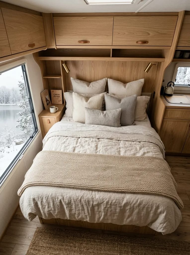 21 Camper Living Room Ideas for Cozy Tiny Interiors 14 Neutral Bedding Set