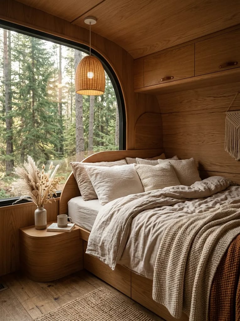 21 Boho Camper Interior Ideas for Cozy Tiny Living 8 Neutral Linen Bedding