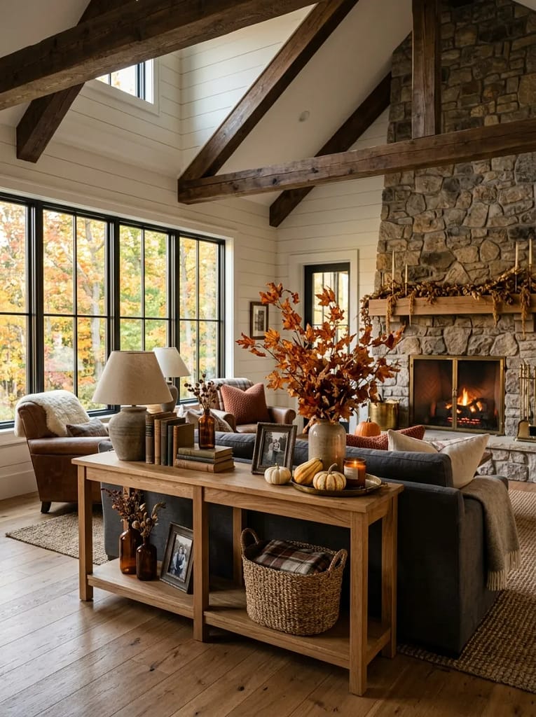 21 Farmhouse Fall Living Room Ideas Full of Warmth 14 Oak Console Table
