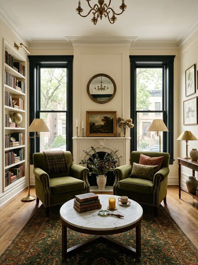 24 Dark Academia Living Room Ideas Full of Charm 10 Olive Velvet Accent Chairs