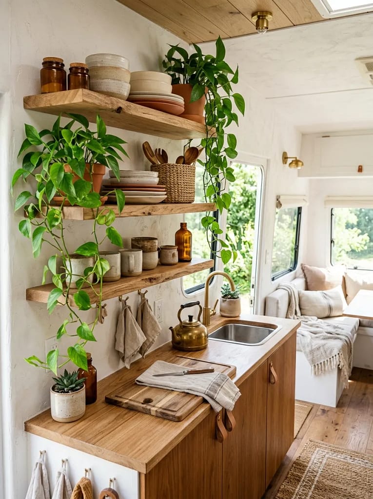 21 Boho Camper Interior Ideas for Cozy Tiny Living 6 Open Wood Shelving