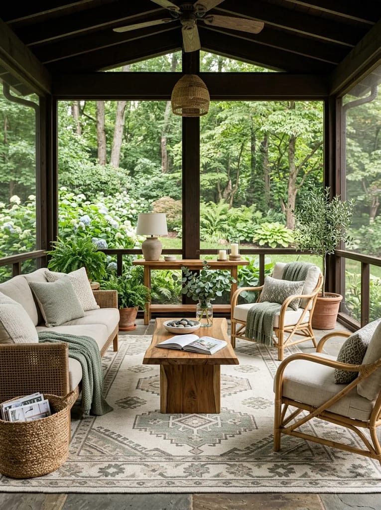 24 Screen Porch Ideas for Stylish Outdoor Living 6 Outdoor Area Rug