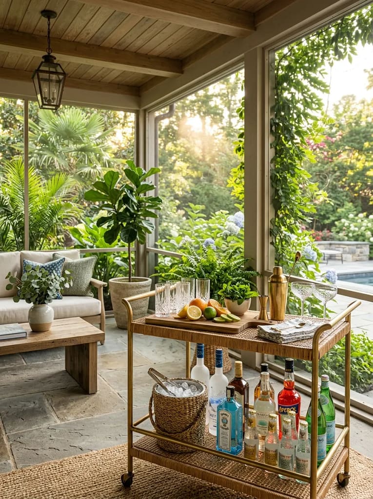 24 Screen Porch Ideas for Stylish Outdoor Living 19 Outdoor Bar Cart Station