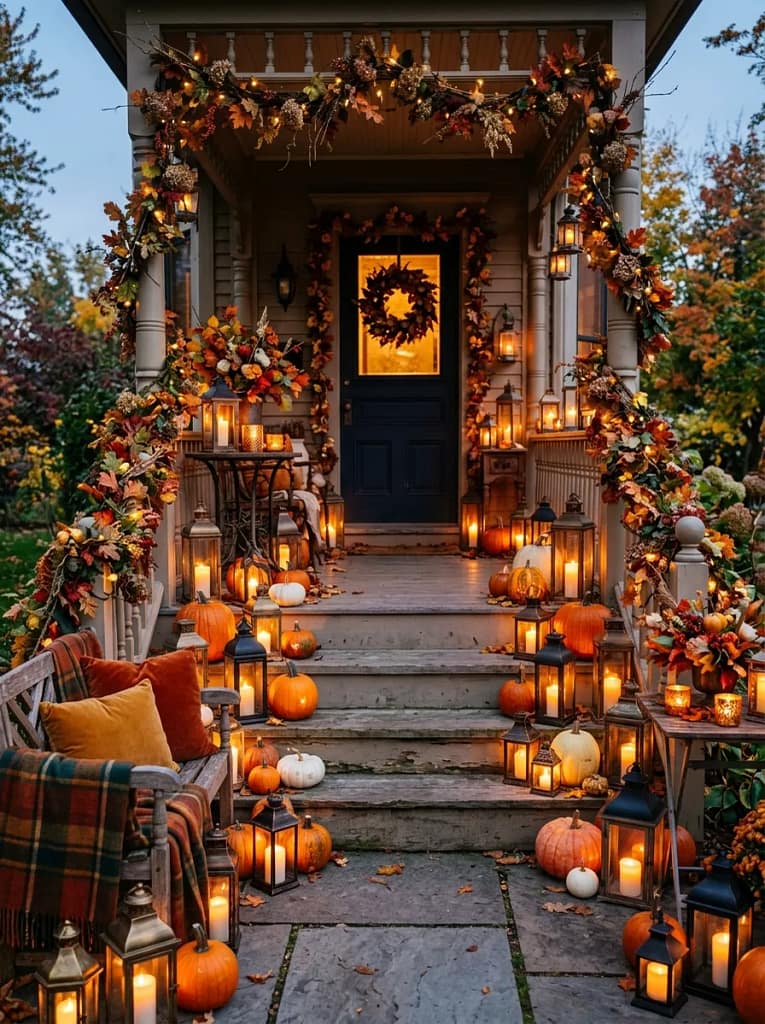 20 Maximalist Fall Porch Decor Ideas for Every Home 19 Outdoor Candle Lantern Display