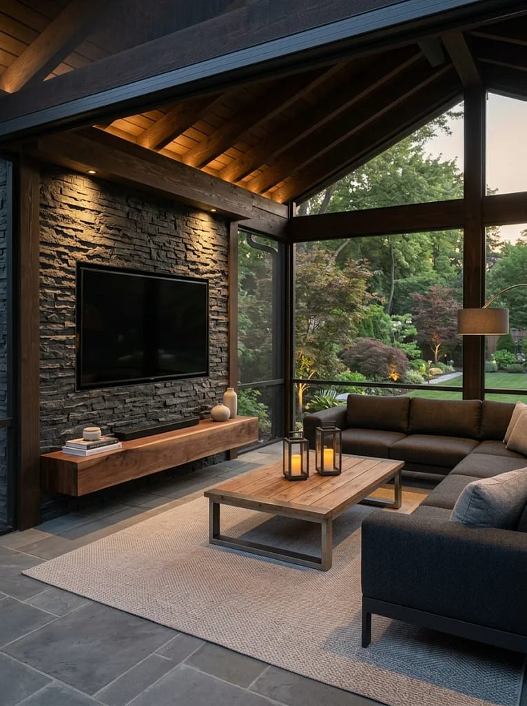 24 Screen Porch Ideas for Stylish Outdoor Living 24 Outdoor TV Feature Wall