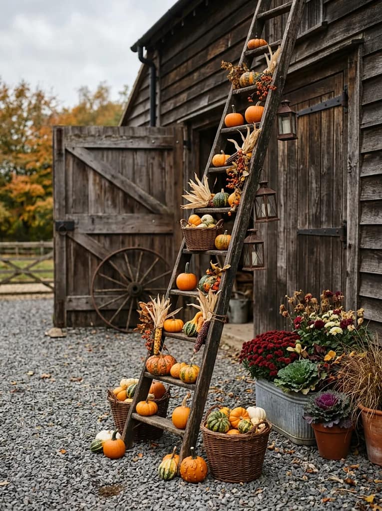 20 Pumpkin Gourd Decor Ideas for Charming Fall Homes 18 Outdoor Wooden Ladder Harvest Display