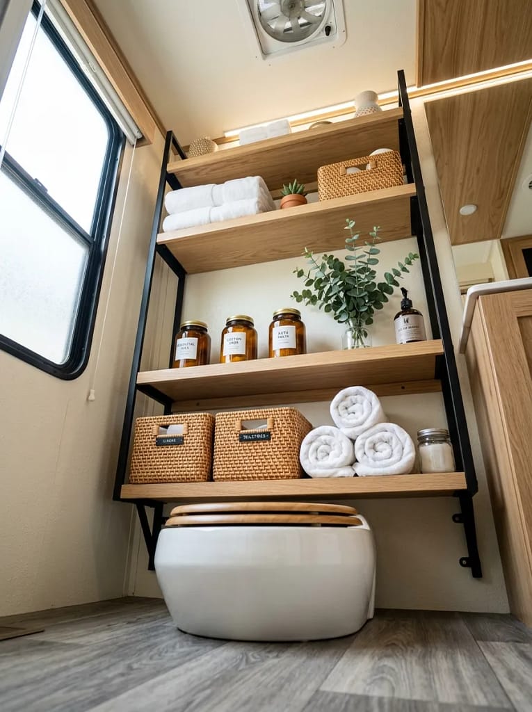 24 Camper Bathroom Storage Ideas for Small Spaces 13 Over-Toilet Shelving Unit