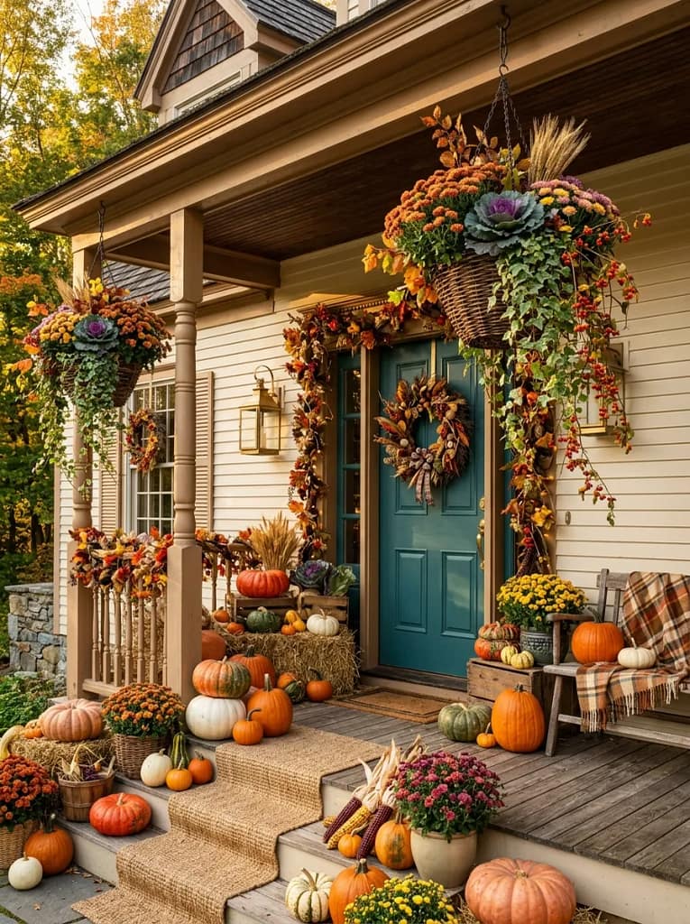 20 Maximalist Fall Porch Decor Ideas for Every Home 16 Overflowing Fall Hanging Baskets