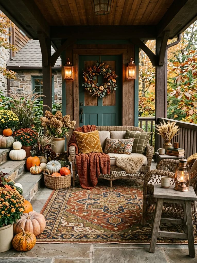 20 Maximalist Fall Porch Decor Ideas for Every Home 8 Patterned Outdoor Rug