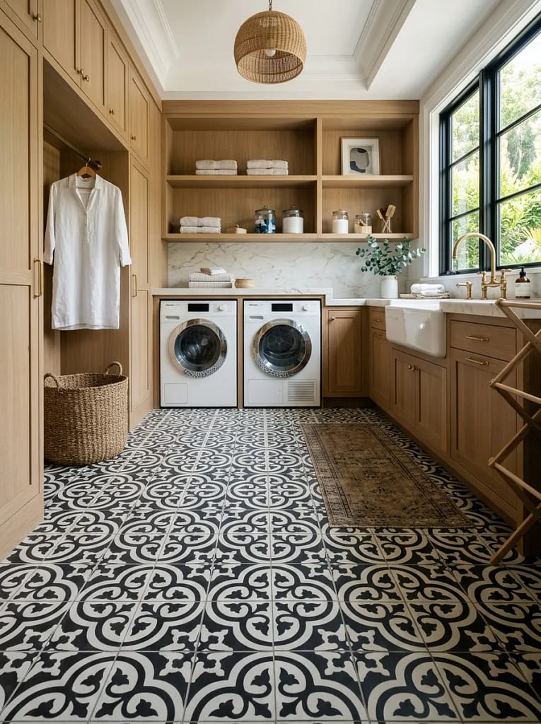 22 Laundry Room Decor Ideas for Stylish Small Spaces 14 Patterned Tile Floor