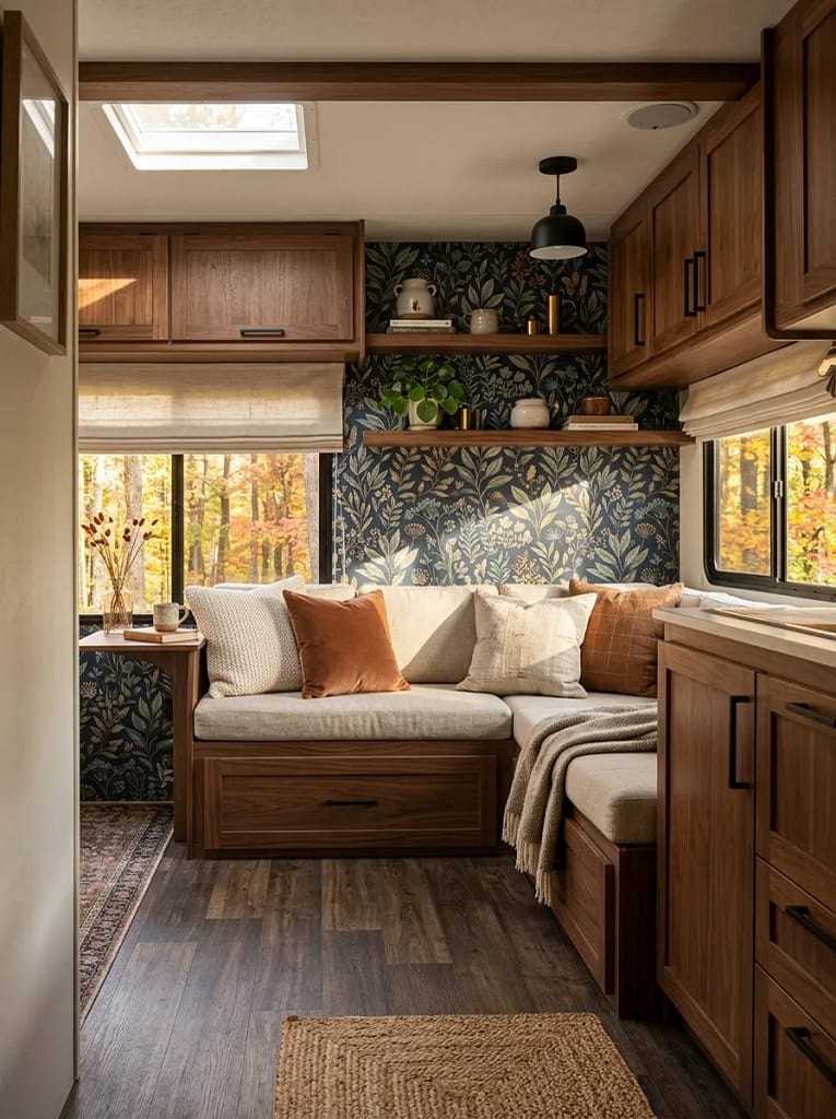 21 Camper Living Room Ideas for Cozy Tiny Interiors 8 Peel-and-Stick Wallpaper Wall