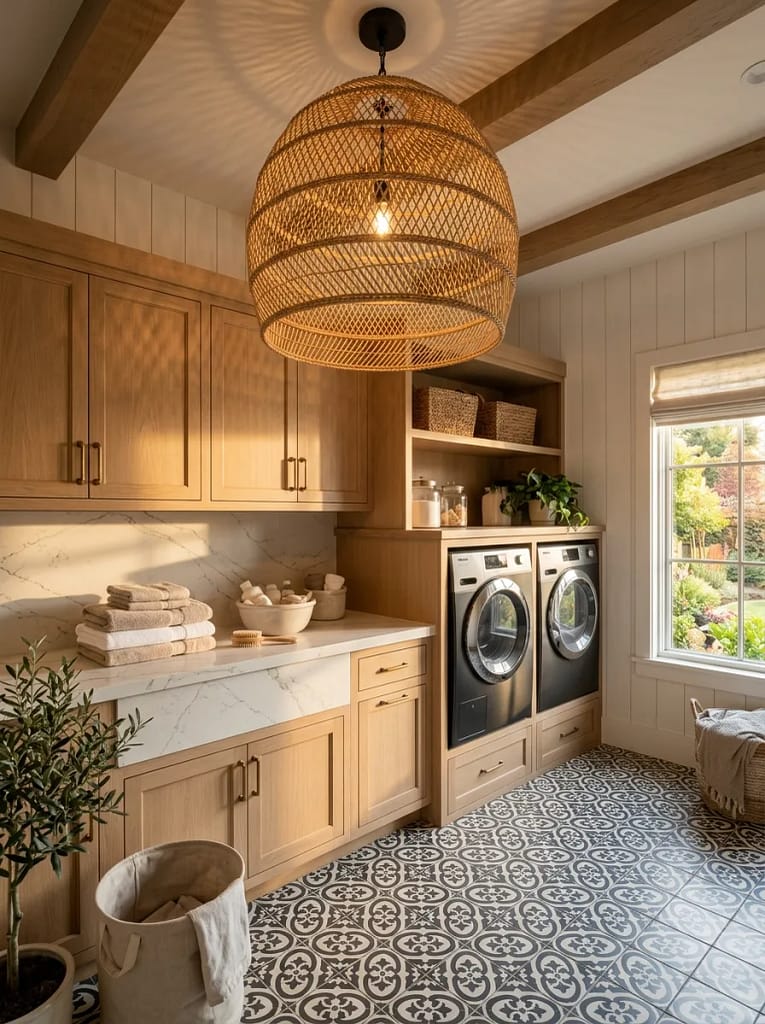 22 Laundry Room Decor Ideas for Stylish Small Spaces 6 Pendant Light Upgrade