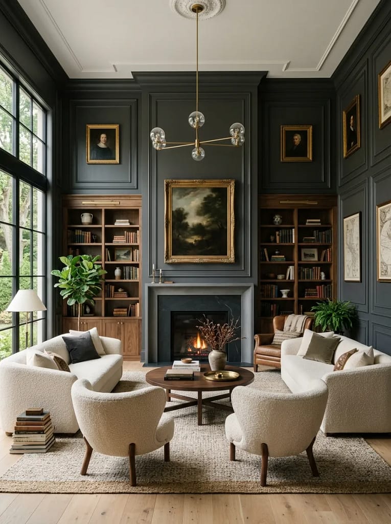 24 Dark Academia Living Room Ideas Full of Charm 11 Picture Frame Wall Molding