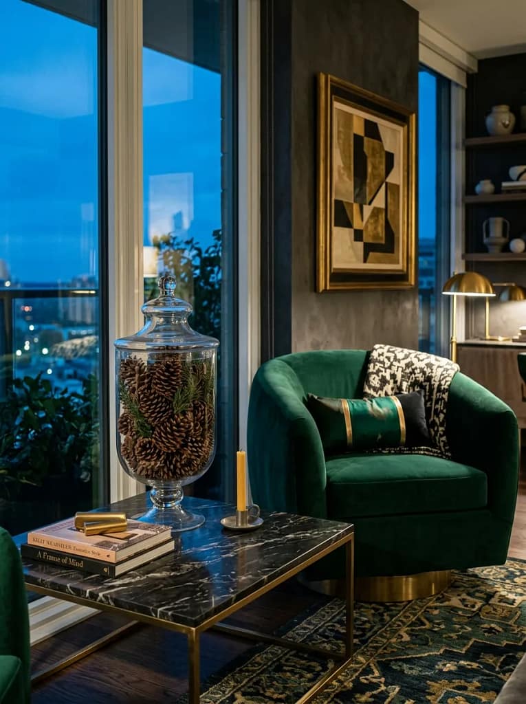 24 Fall Coffee Table Decor Ideas for Cozy Autumn Style 24 Pinecone Glass Hurricane
