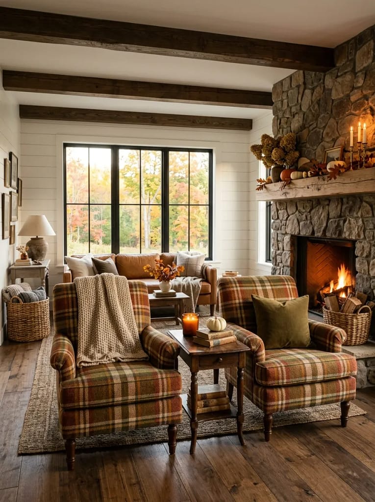 21 Farmhouse Fall Living Room Ideas Full of Warmth 9 Plaid Accent Chairs
