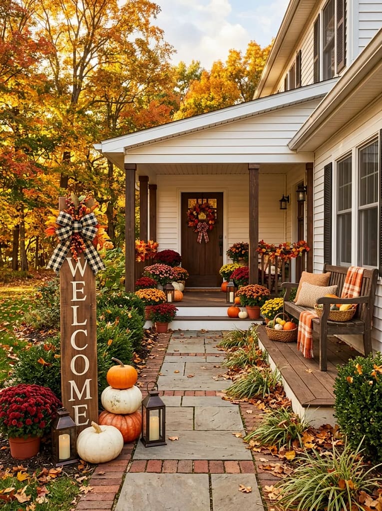 23 Pumpkin Plaid Decor Ideas for Cozy Fall Style 14 Plaid Bow Porch Sign