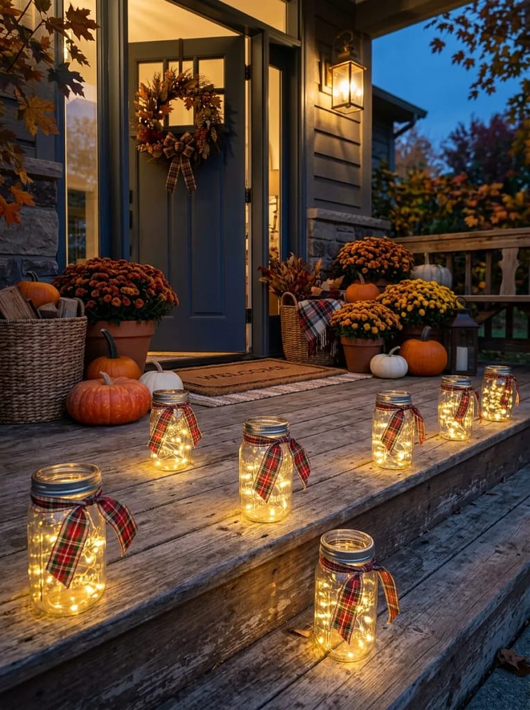23 Pumpkin Plaid Decor Ideas for Cozy Fall Style 6 Plaid Mason Jar Lights