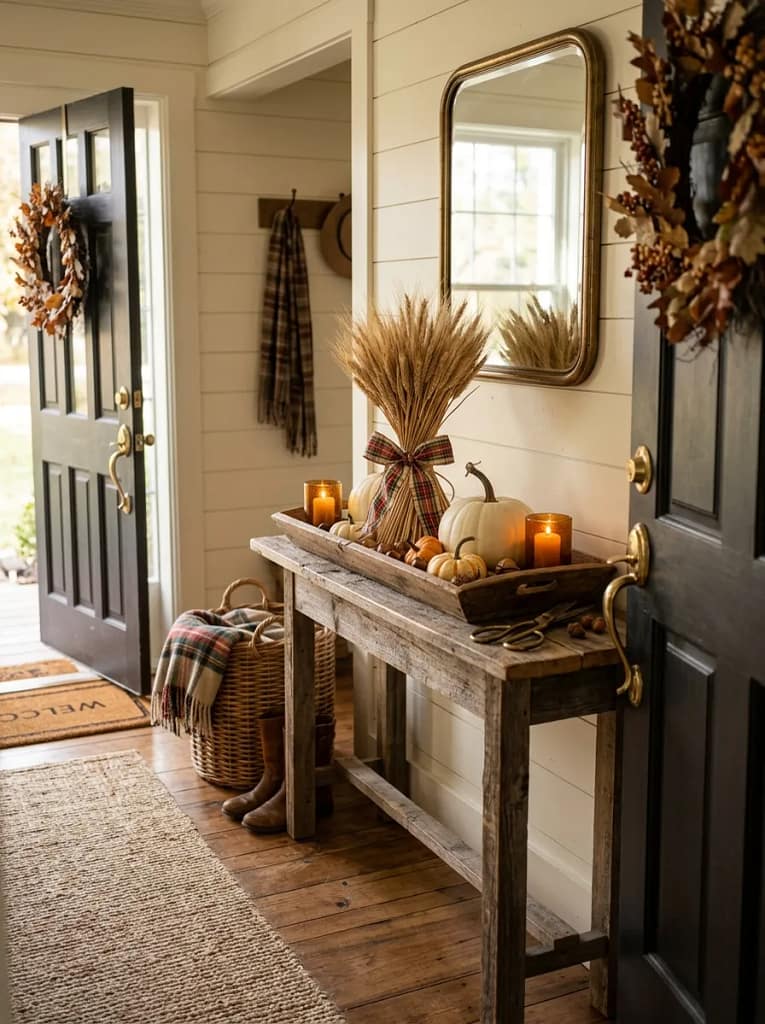 23 Pumpkin Plaid Decor Ideas for Cozy Fall Style 17 Plaid Ribbon Wheat Tray
