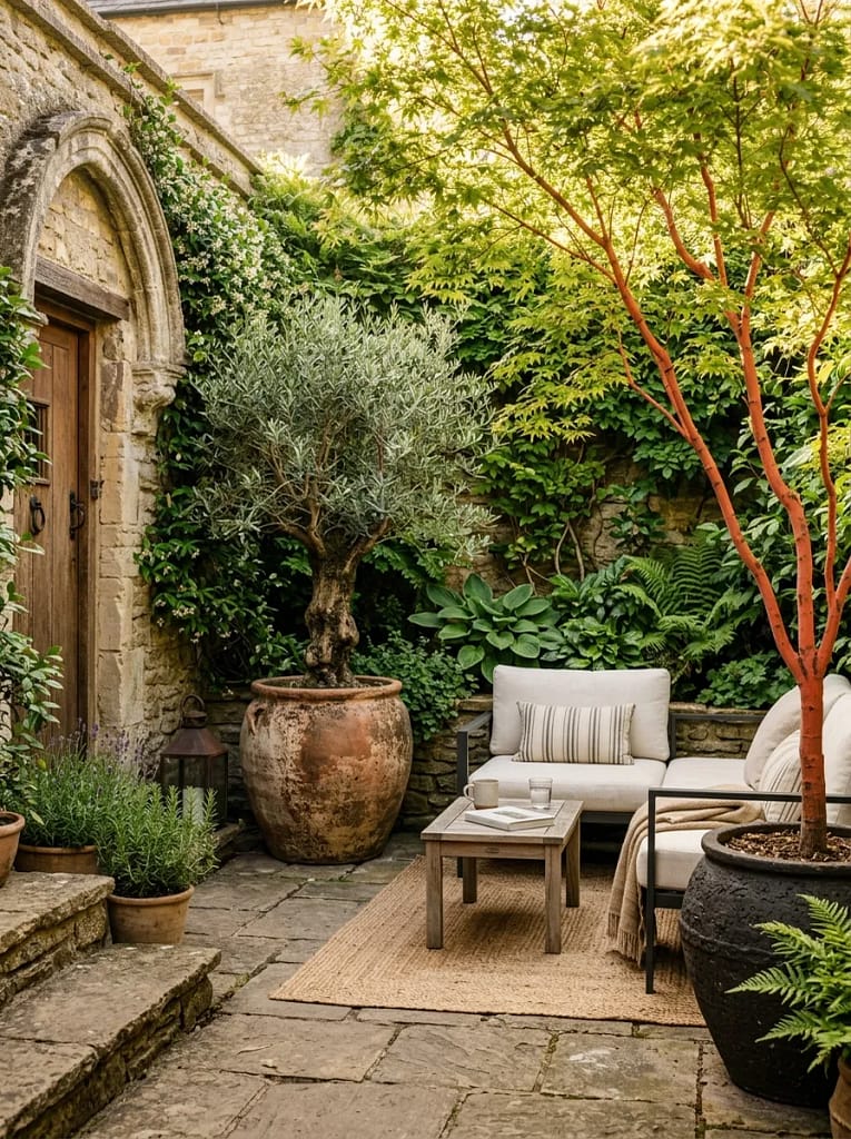 21 Tiny Patio Ideas That Maximize Small Outdoor Spaces 16 Potted Dwarf Trees
