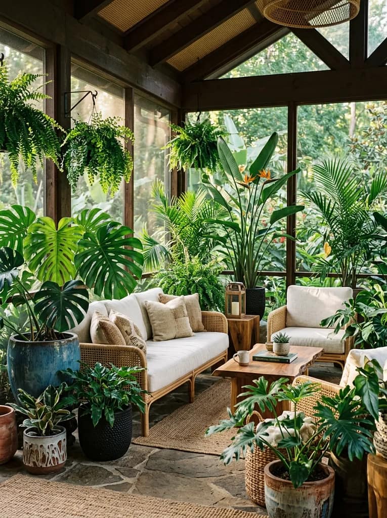 24 Screen Porch Ideas for Stylish Outdoor Living 14 Potted Tropical Plants