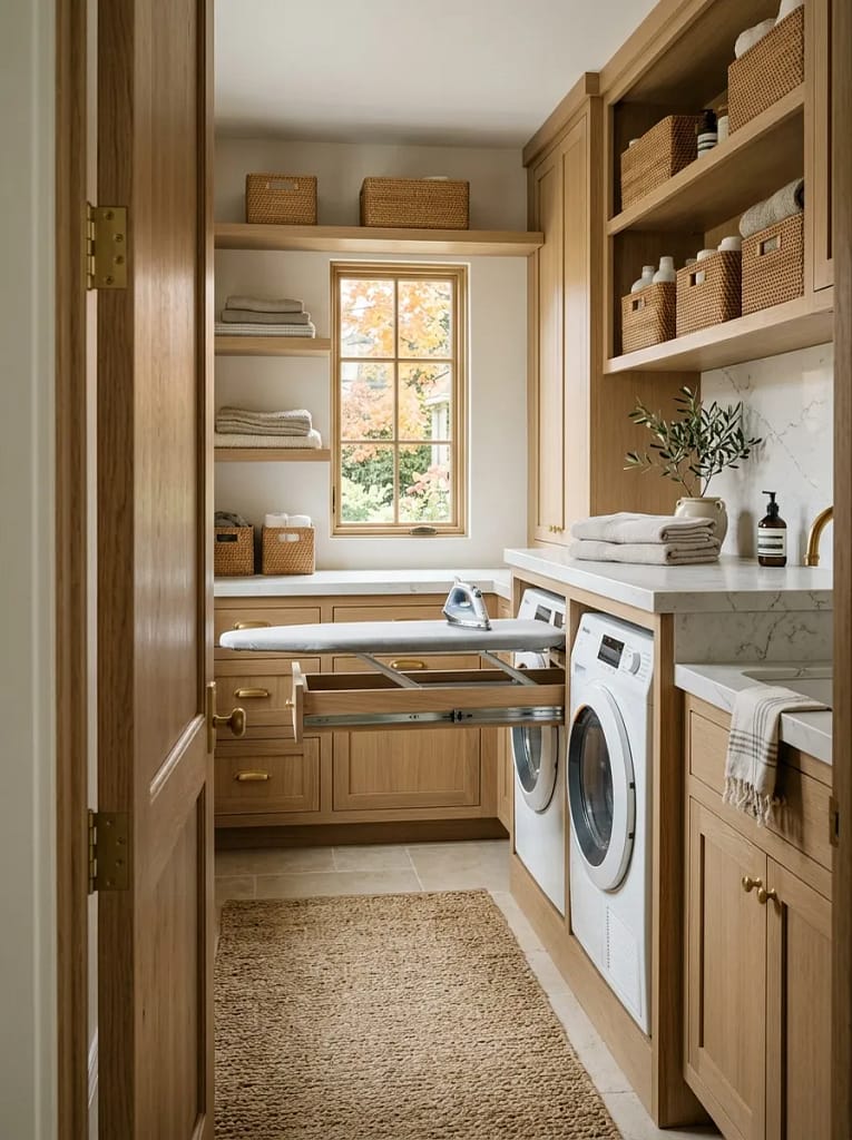 22 Fall Laundry Room Storage Ideas for Tidy Spaces 12 Pull Out Ironing Board