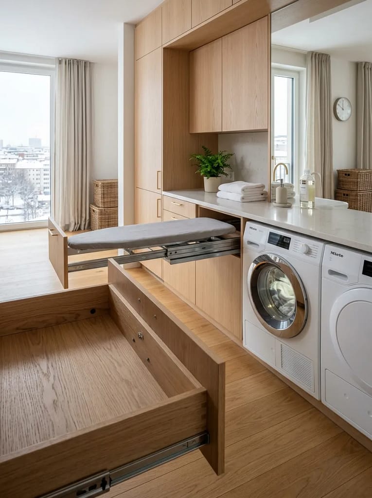 22 Laundry Room Decor Ideas for Stylish Small Spaces 20 Pull Out Ironing Board