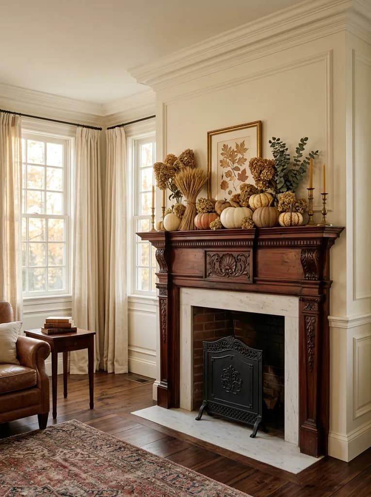 20 Pumpkin Gourd Decor Ideas for Charming Fall Homes 14 Pumpkin and Dried Flower Mantel