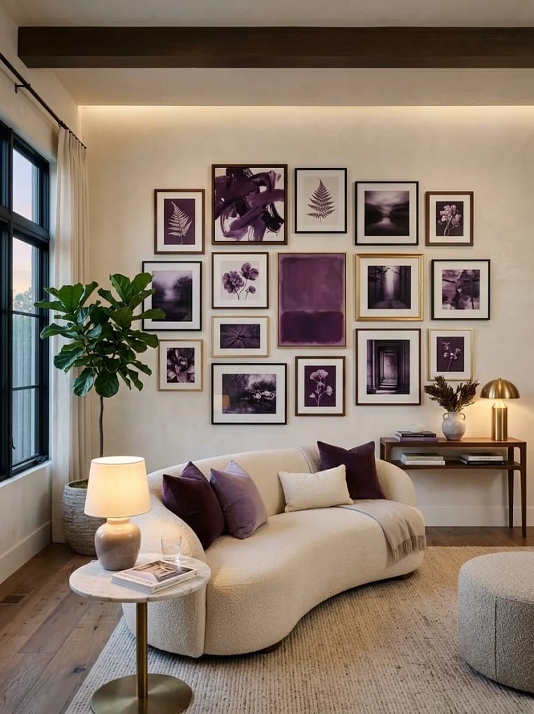 23 Moody Purple Living Room Ideas That Feel Luxe 12 Purple Gallery Wall Artwork